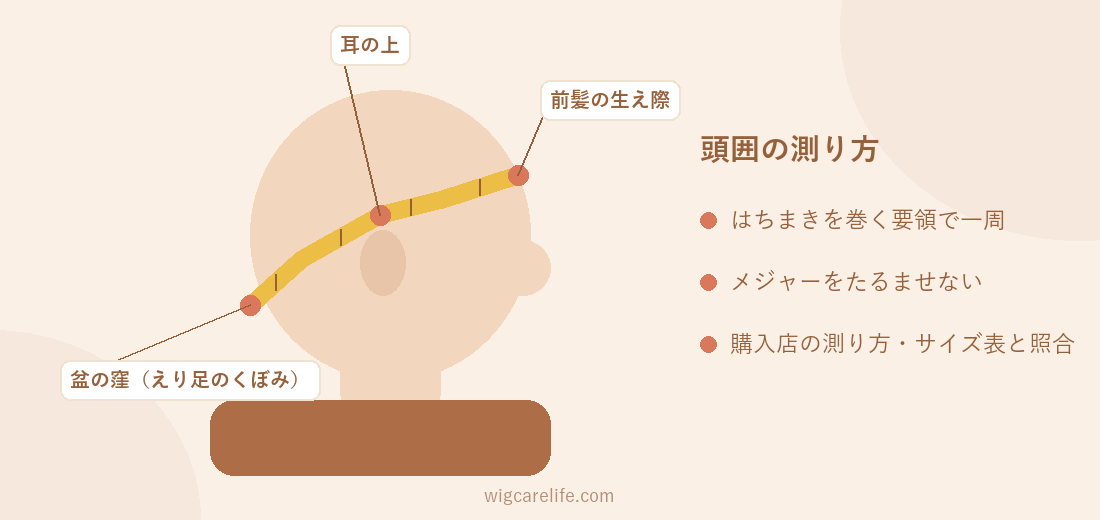 メジャーで頭囲を測っている女性のイラスト(前髪の生え際・耳の上・えり足のくぼみを通る)