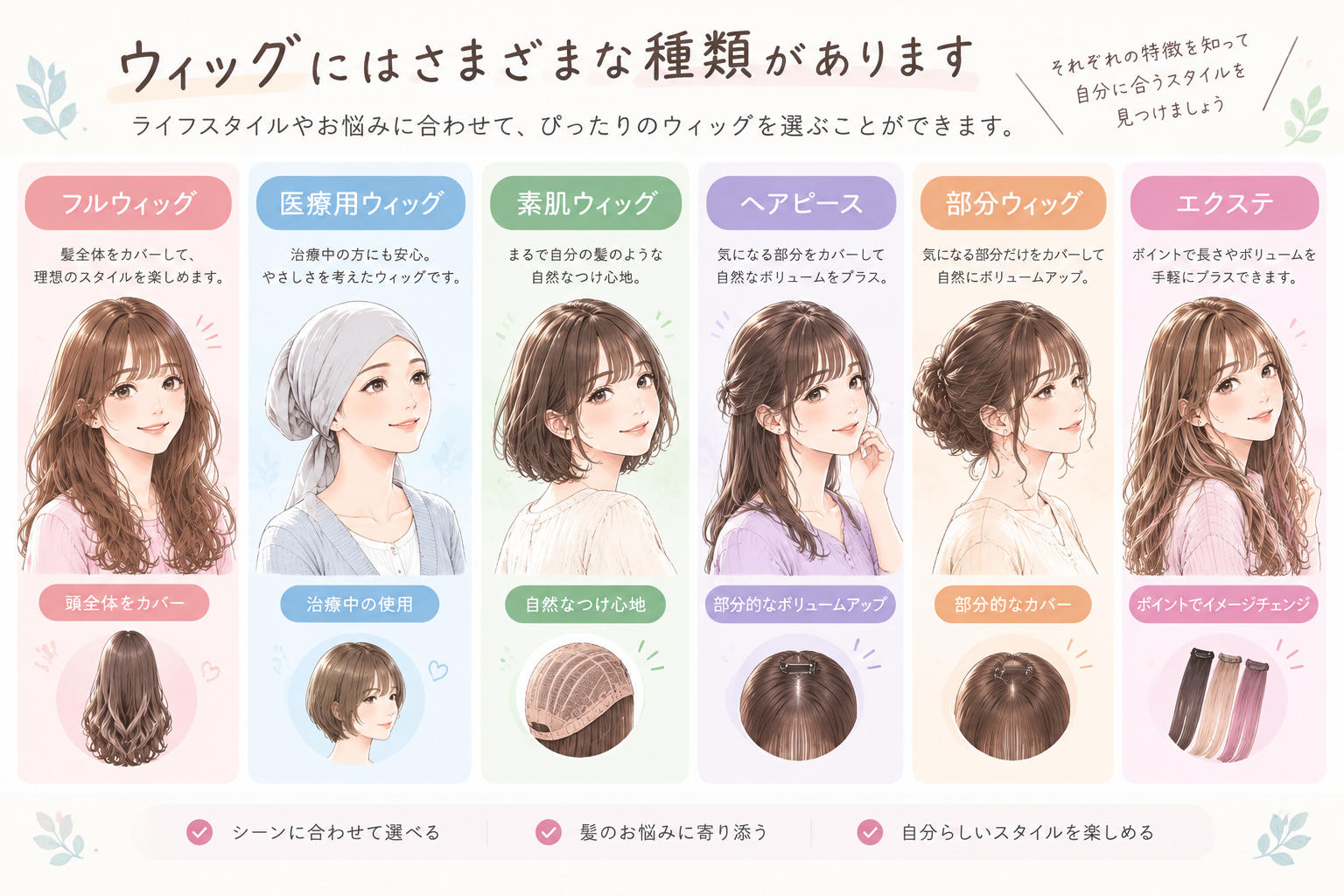 ウィッグの種類の一覧（フルウィッグ・医療用ウィッグ・素肌ウィッグ・ヘアピース・部分ウィッグ・エクステ）