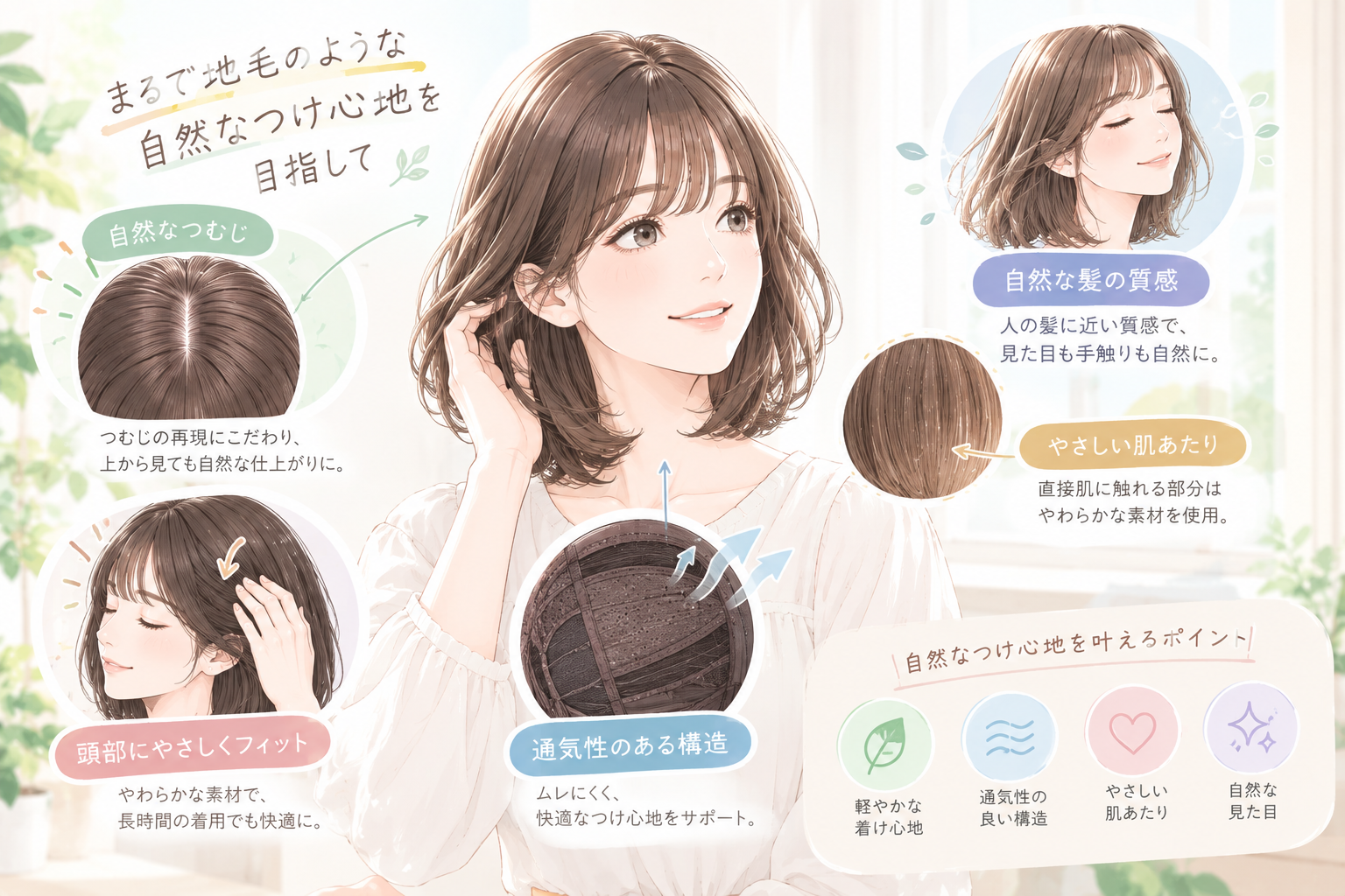 自然なつけ心地ウィッグガイド