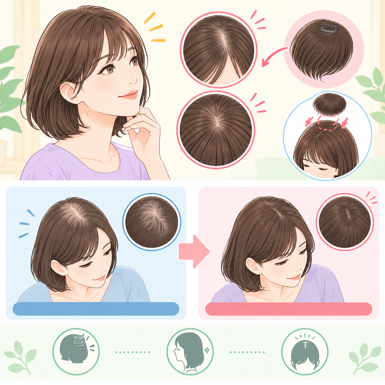 ヘアピースの装着前後・自然なつむじの比較