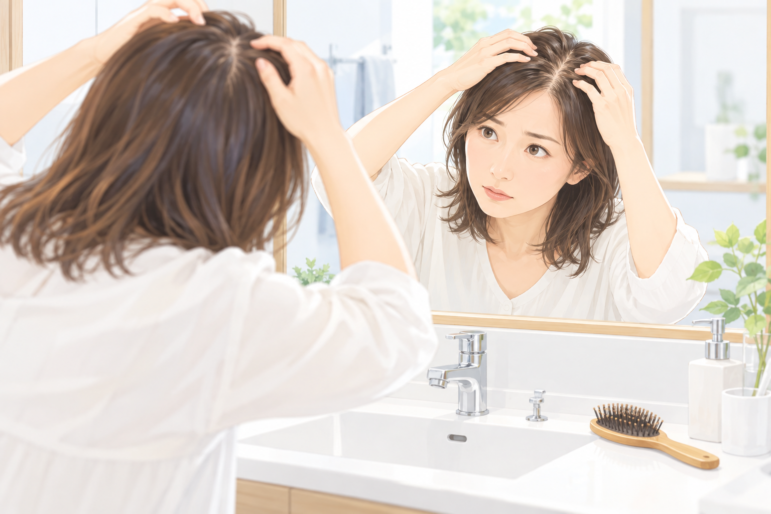 女性の抜け毛が気になり頭皮と分け目を確認しているイメージ